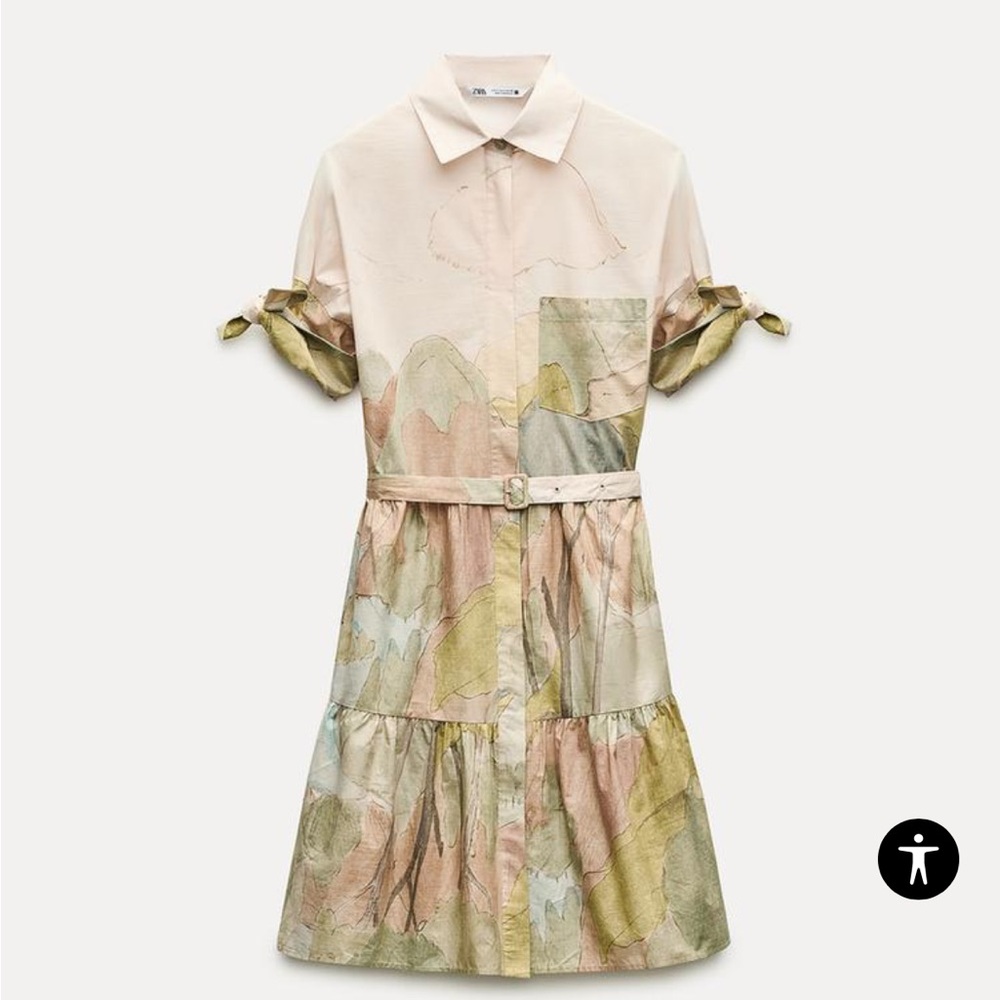 NWT Zara watercolour beige green mini shirt dress extra large FITS MEDIUM